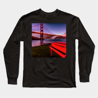 A Red Piano Looking Out At The Golden Gate Bridge At Dusk. Long Sleeve T-Shirt